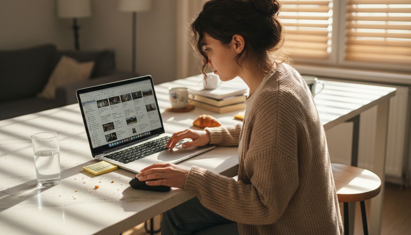 O femeie își organizează pozele pe laptopul din bucătărie, redenumindu-le fișier cu fișier.