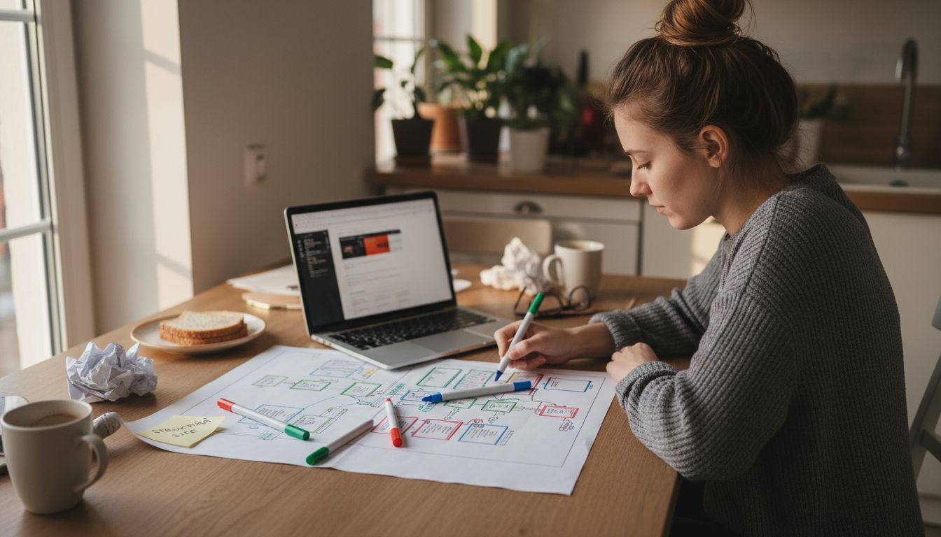 O femeie analizează structura unui site web, stând la masa din bucătărie.