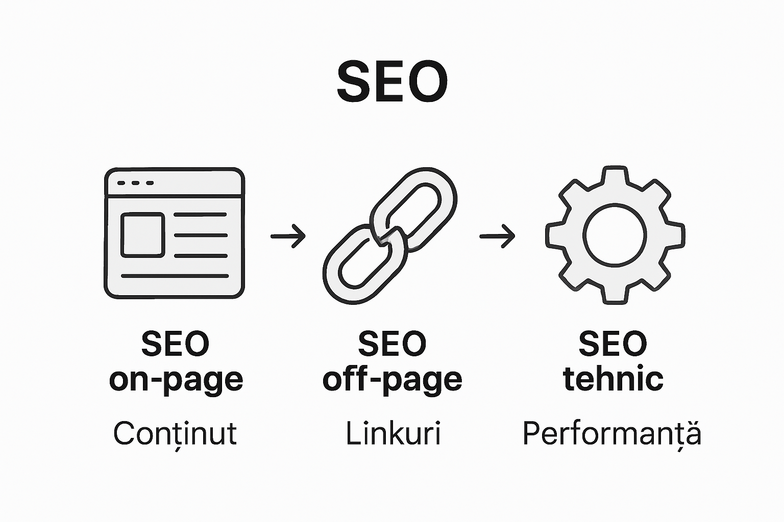 Infografic care prezintă cele trei categorii principale de SEO