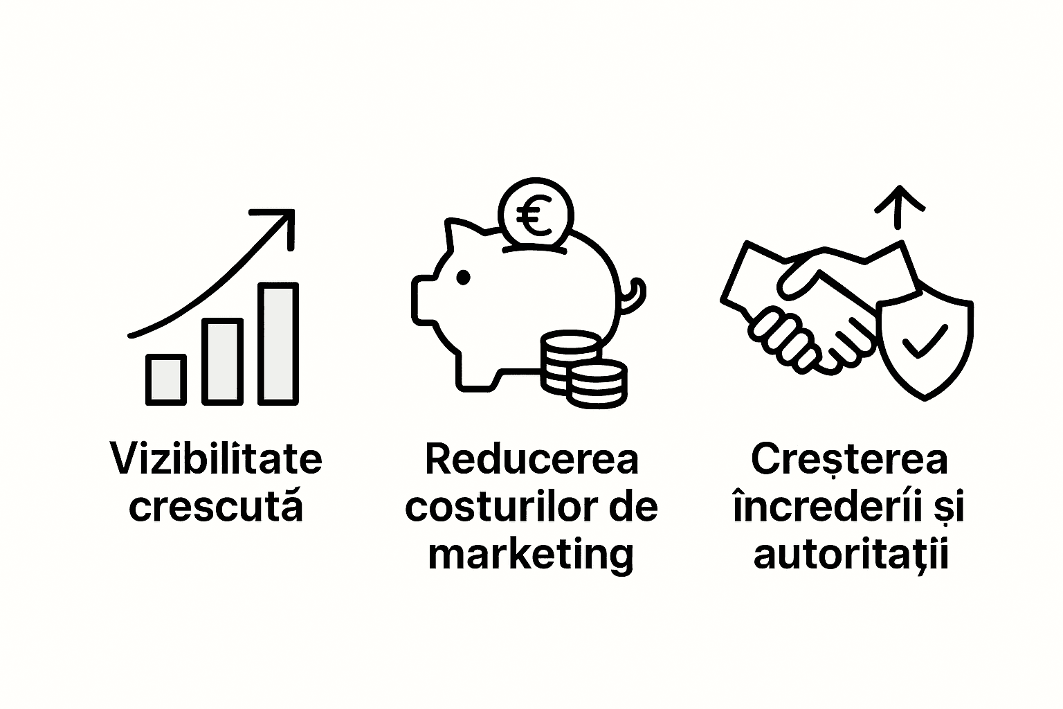 Avantajele SEO pentru afacerea ta, prezentate prin pictograme și descrieri explicative