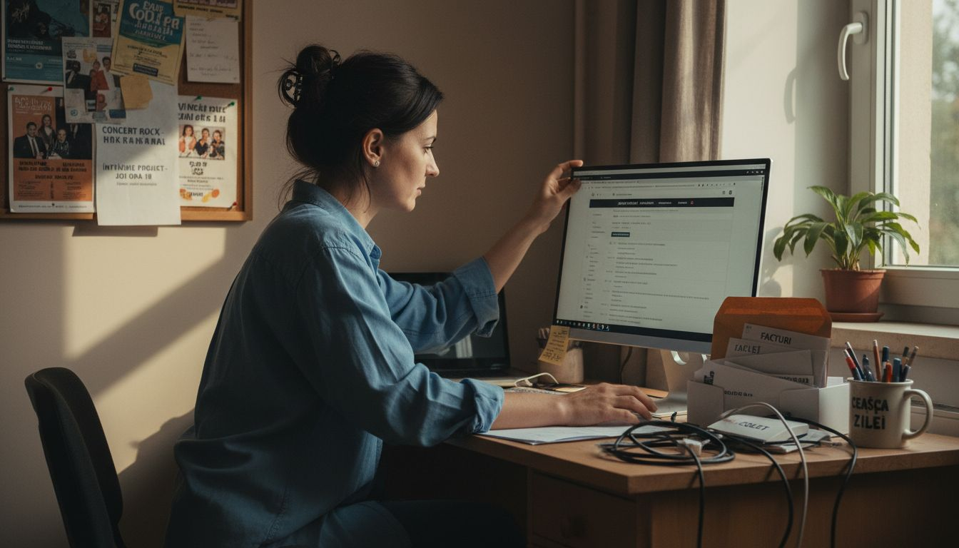 O femeie își pregătește profilul de afaceri la birou, atentă la fiecare detaliu pentru a-și pune ideile în valoare.