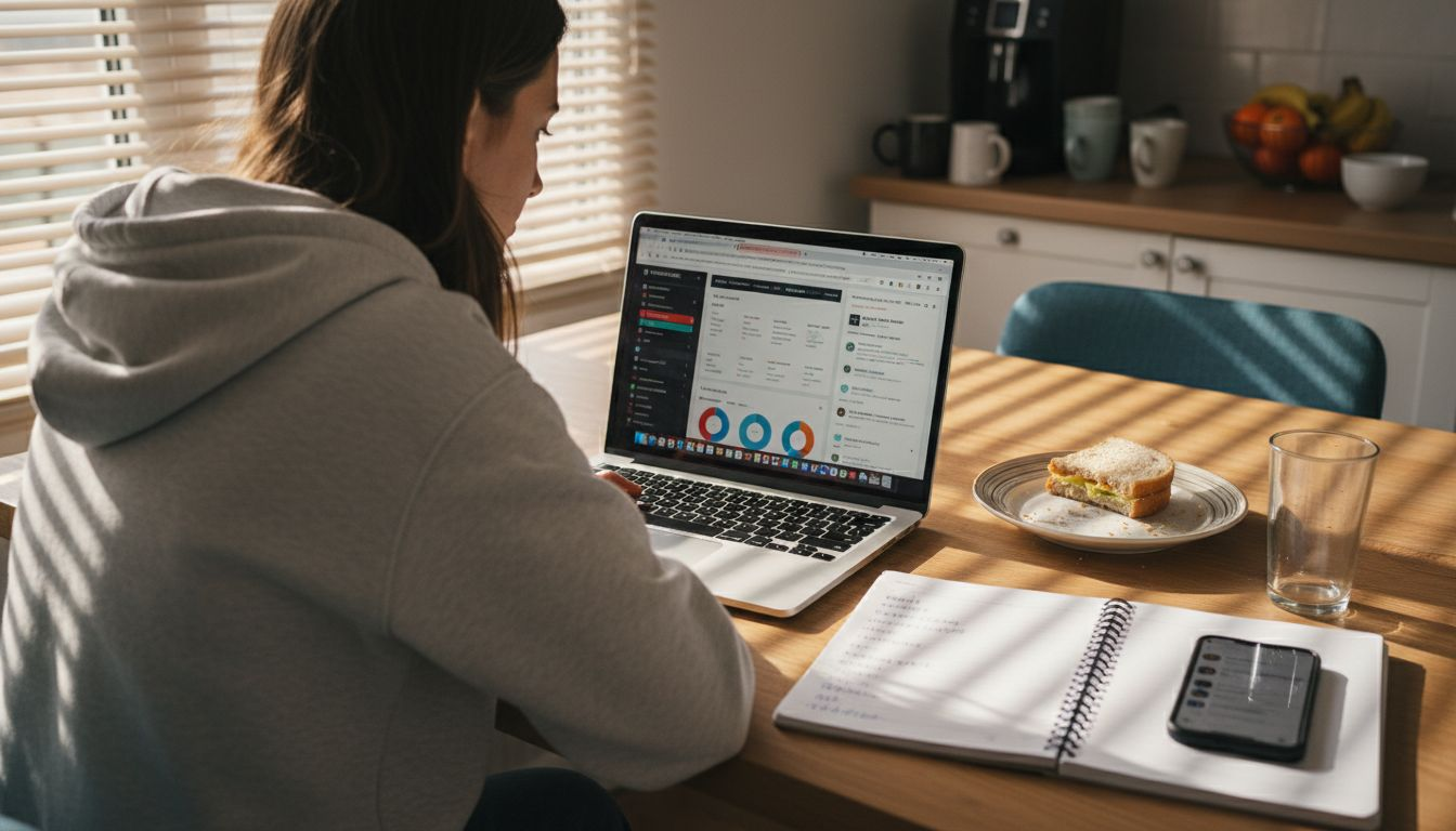 O femeie analizează strategiile SEO pentru magazinul ei online, lucrând de la masa din bucătărie.