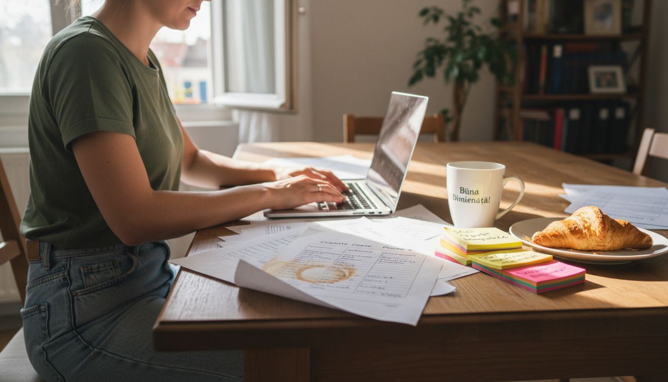 Optimizare conținut pentru Google: Ghid practic pentru rezultate O femeie analizează acasă cuvintele cheie pentru optimizarea SEO, căutând cele mai bune strategii pentru site-ul ei.