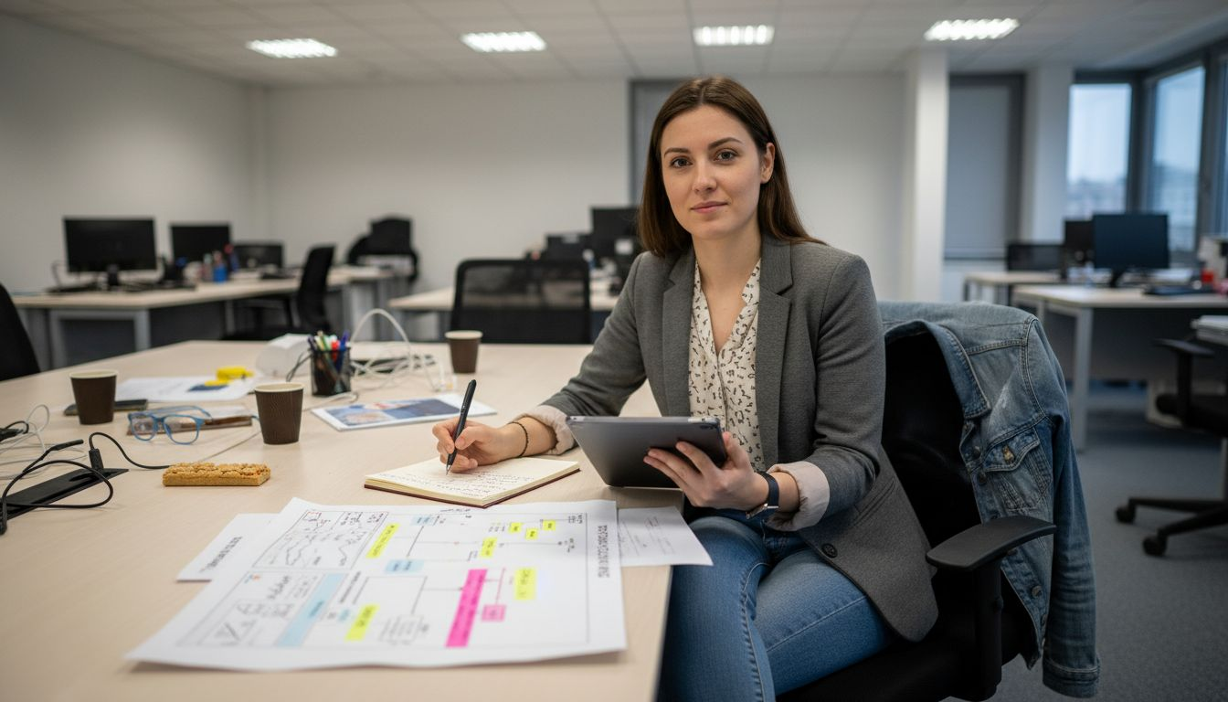 Rolul Structurii Site-ului: Crește Vizibilitatea și Controlul Un specialist analizează atent un print cu schema de lucru pentru optimizarea SEO.