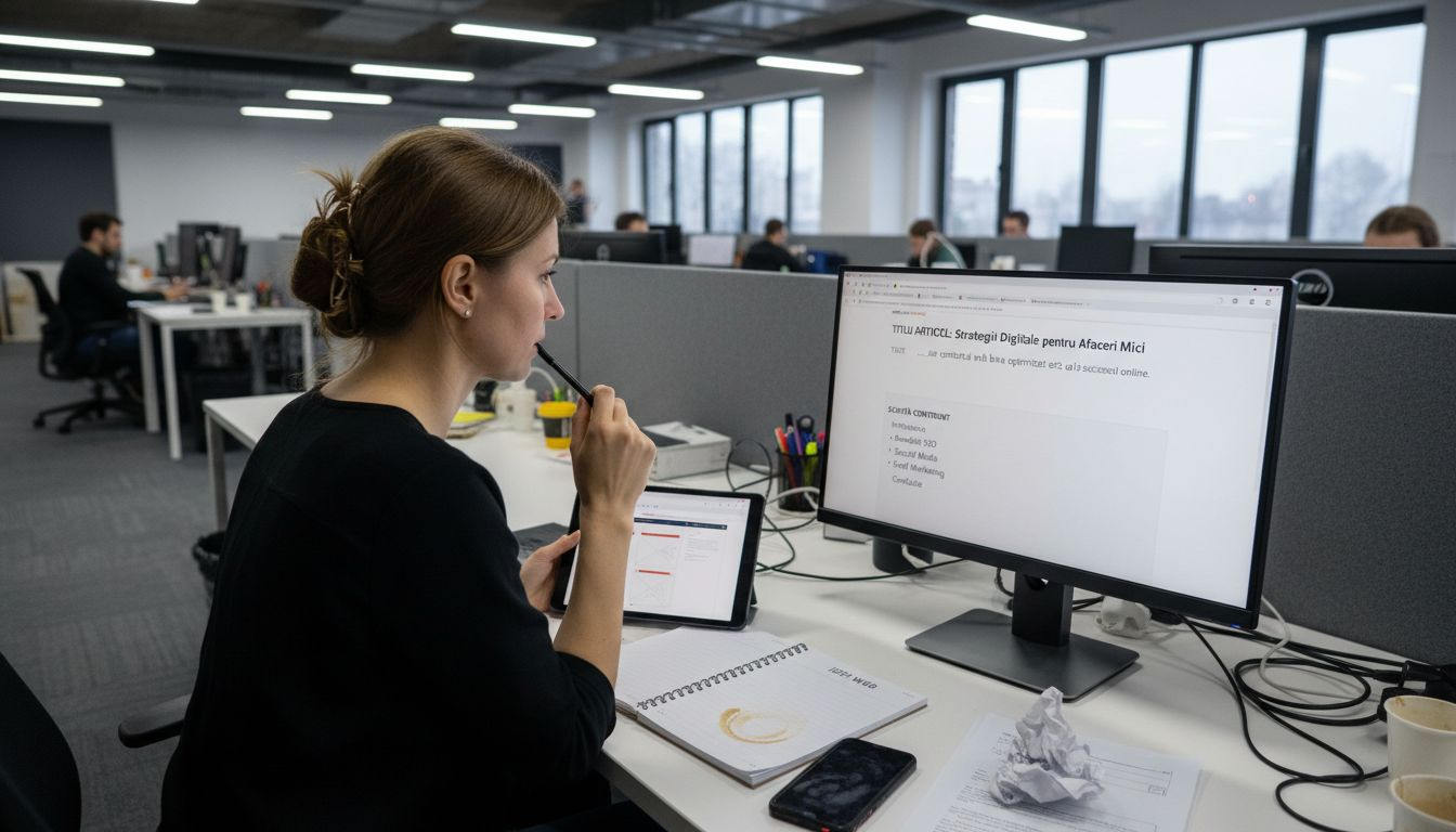 O femeie redactează conținut SEO pentru un site, lucrând la birou, concentrată în fața calculatorului.
