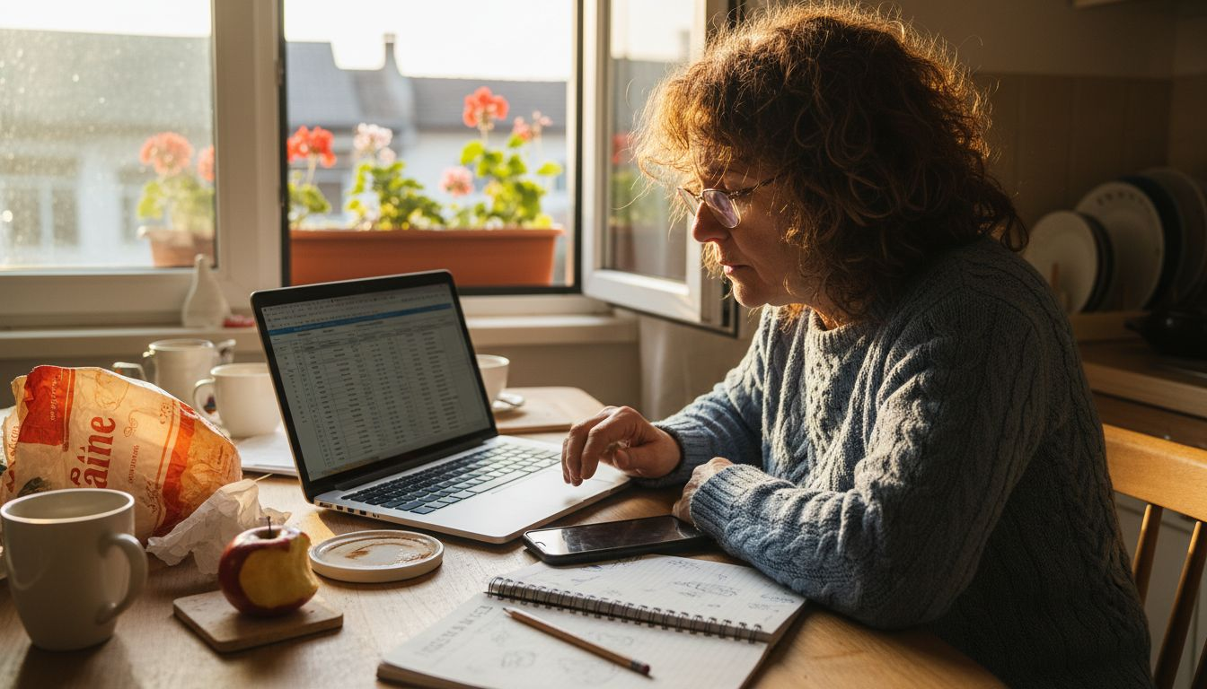 O persoană analizează raportul de audit al site-ului, așezată la masa din sufragerie.