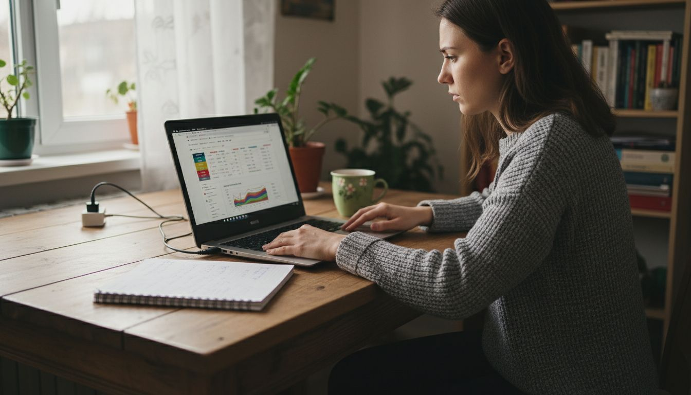 O femeie analizează rapoartele de SEO din confortul propriei case.