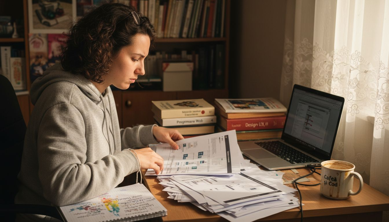 Planificarea structurii unui site, printre hârtii împrăștiate pe birou