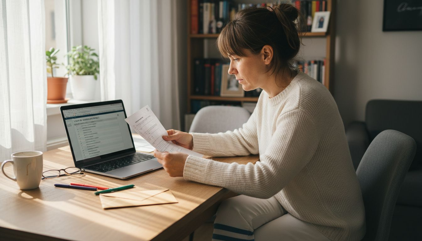 O femeie verifică și analizează metadatele site-ului la masa din sufragerie.