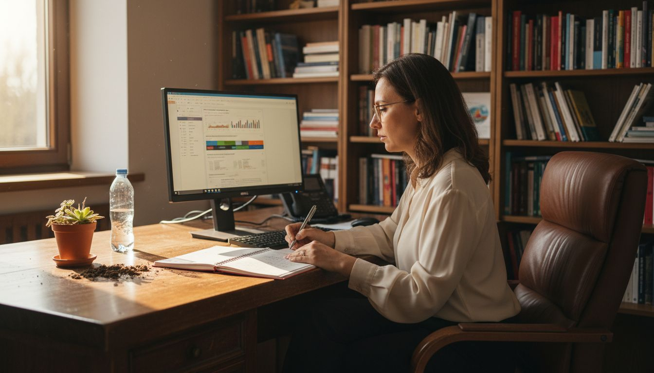 O femeie revizuiește un raport de audit SEO la biroul ei, concentrată să identifice soluții pentru optimizarea site-ului.