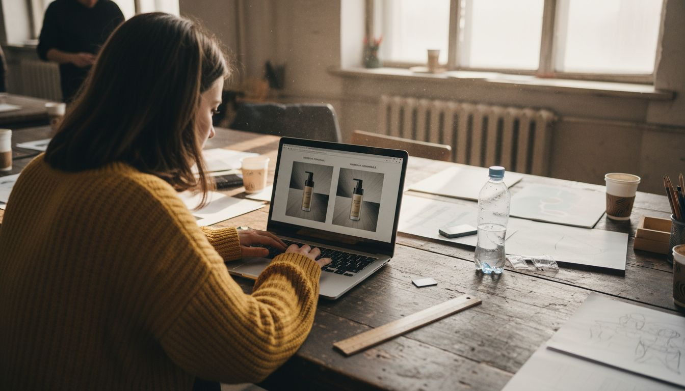 Optimizare imagini magazin online pentru viteza si SEO crescut O femeie analizează și compară imagini de produse comprimate pentru un magazin online, încercând să găsească varianta cu cea mai bună calitate.