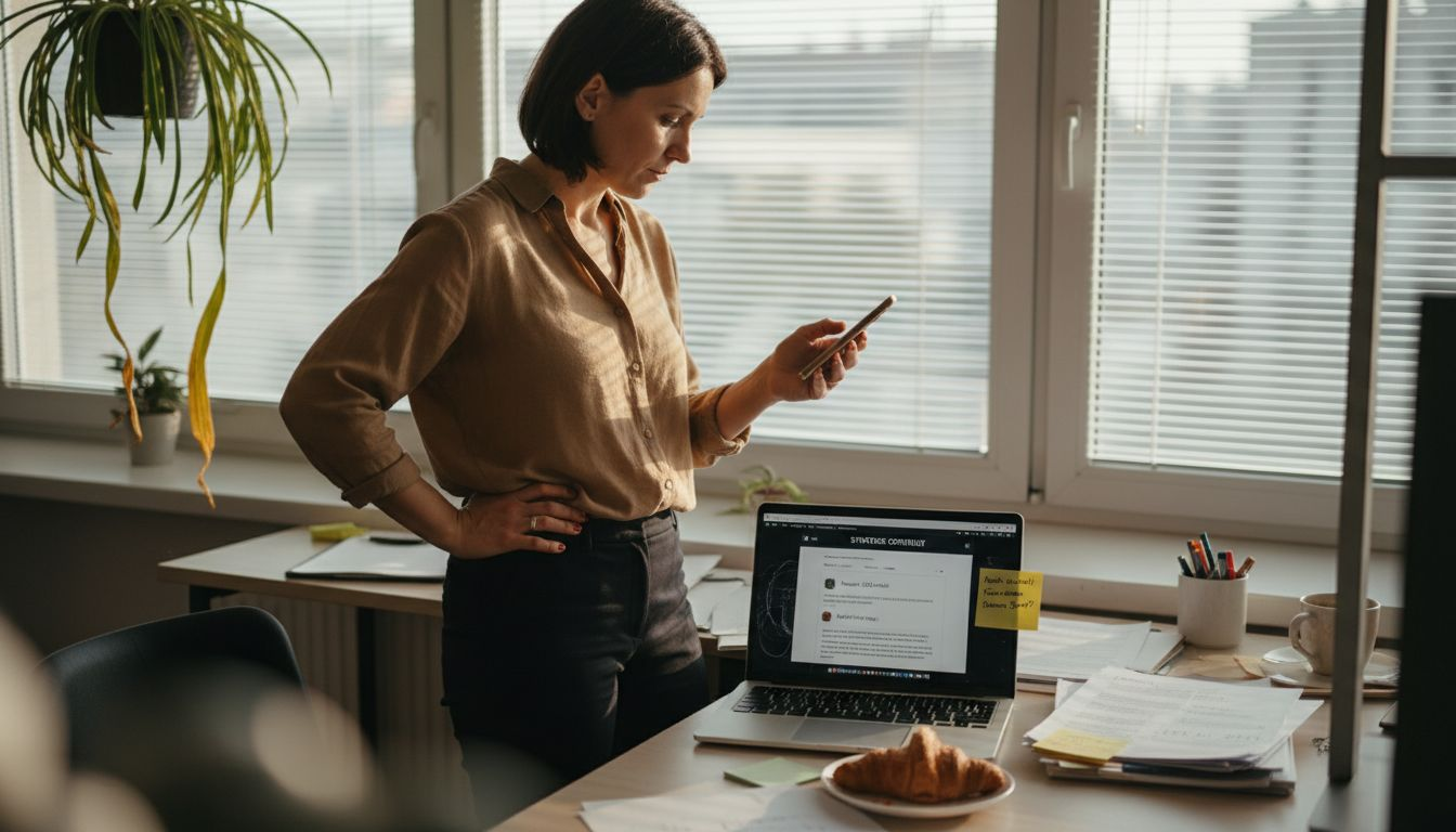 O femeie analizează strategia SEO optimizată pentru mobil, direct de pe telefonul ei.