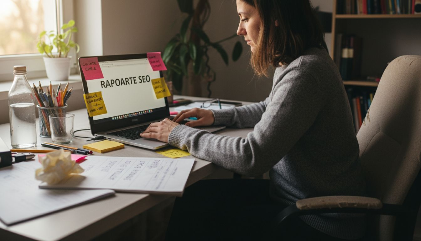 Specialistul în marketing online analizează rapoartele de optimizare SEO pentru a identifica noi oportunități de creștere.