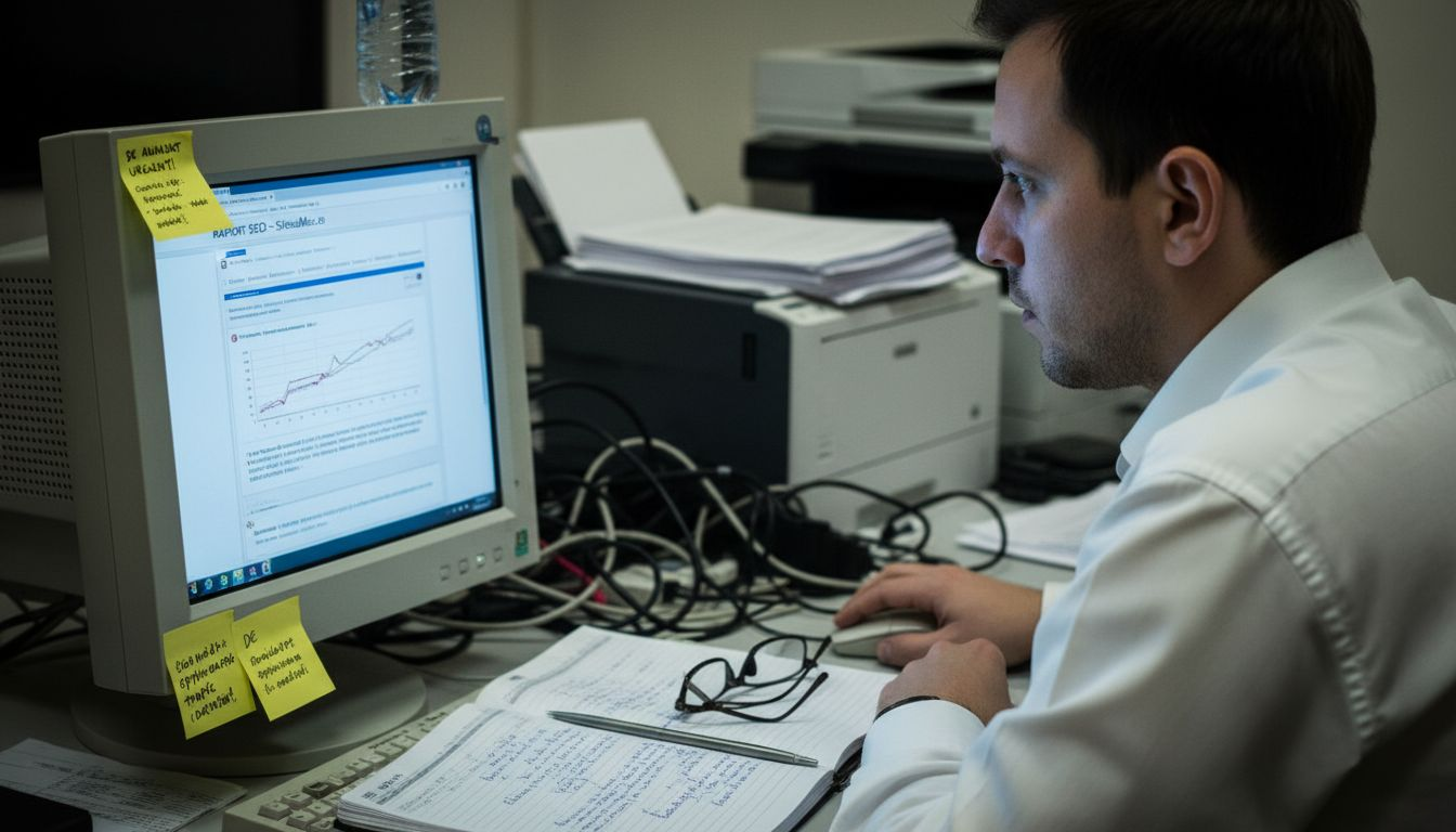 Expert SEO care analizează atent site-ul la birou, în căutarea celor mai bune soluții pentru optimizare.