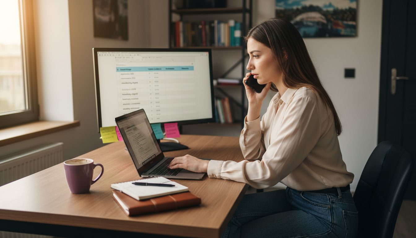 O femeie urmărește pe ecranul calculatorului analiza cuvintelor cheie pentru SEO.