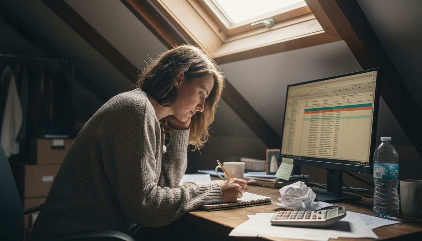 Woman reconciling sales records and spreadsheets