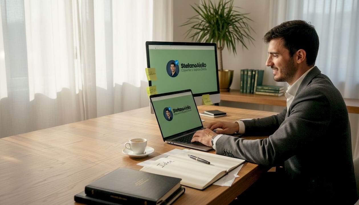 Strategie di AI marketing per consulenti: guida pratica 1 Consulente al lavoro con il suo portatile in un luminoso studio di casa