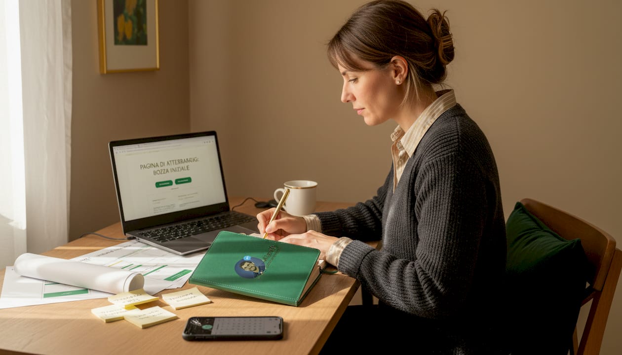 Consigli pratici per ottimizzare la landing page e acquisire clienti 1 Una donna esamina attentamente la bozza di una landing page seduta alla sua scrivania, concentrandosi sui dettagli per ottimizzare ogni elemento.