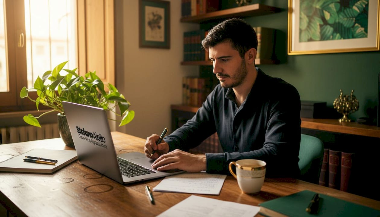 Aumenta la produttività nel lavoro da remoto con strategie pratiche 1 Un uomo lavora con attenzione nel suo studio di casa, immerso tra ordine e tranquillità.