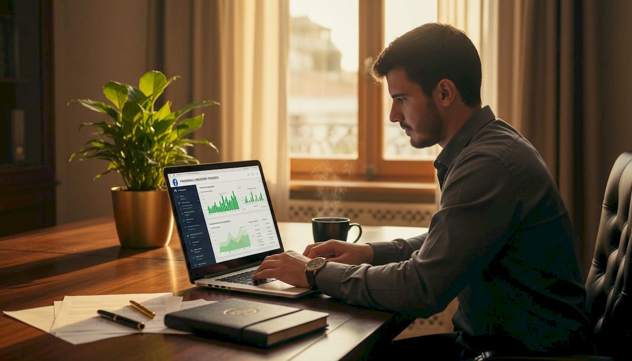 5 vantaggi delle Facebook Ads per il tuo business 1 Un uomo controlla le campagne pubblicitarie su Facebook mentre lavora in un ufficio informale.