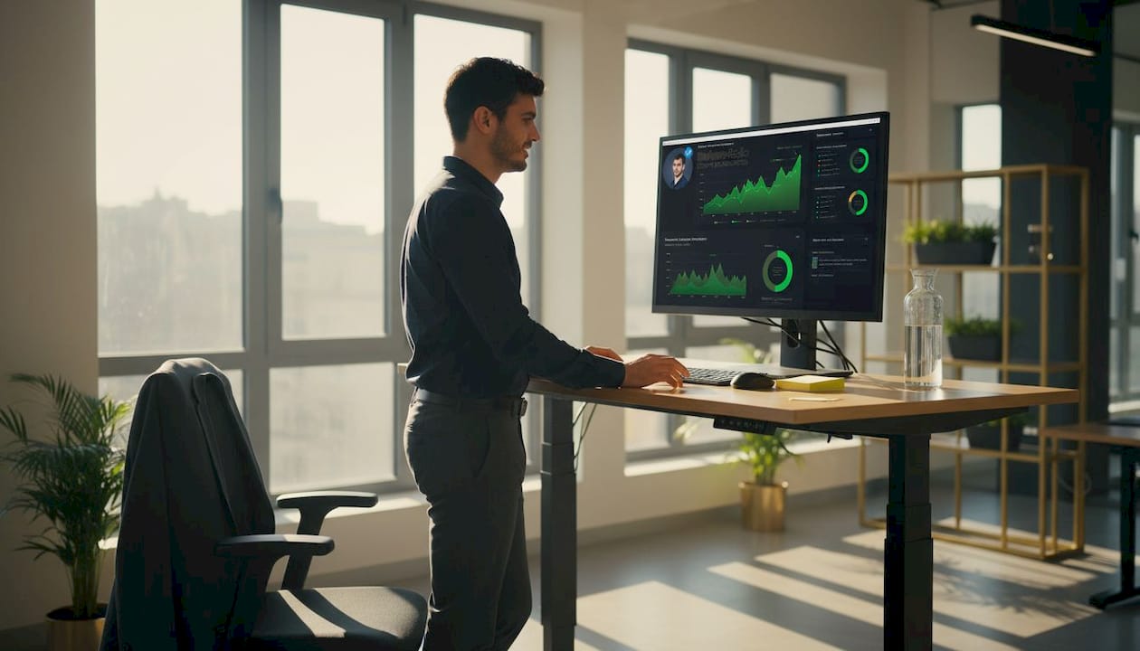 Come funziona l'advertising digitale per attrarre clienti qualificati 2 Un uomo analizza i dati delle campagne pubblicitarie digitali nel suo ufficio luminoso.