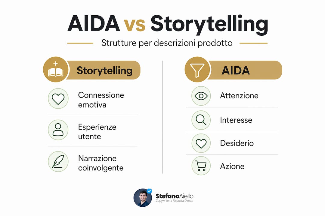 Descrizioni prodotto persuasive: guida pratica per vendere di più 2 Infografica: differenze e punti di forza tra il modello AIDA e il metodo dello Storytelling