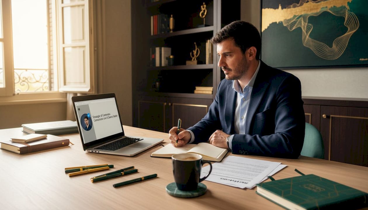 Ruolo dei webinar nel marketing digitale per professionisti 1 Partecipante che segue un webinar dalla scrivania del proprio studio di casa