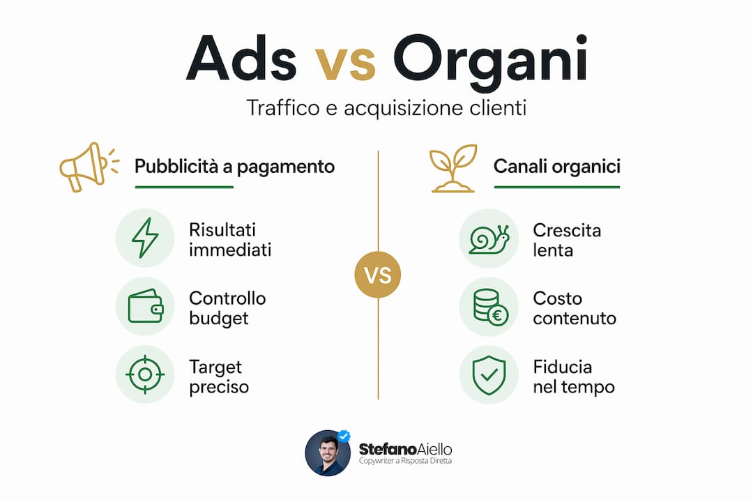 Perché scegliere la pubblicità a pagamento nel 2026 2 Infografica: differenze tra traffico a pagamento e traffico organico