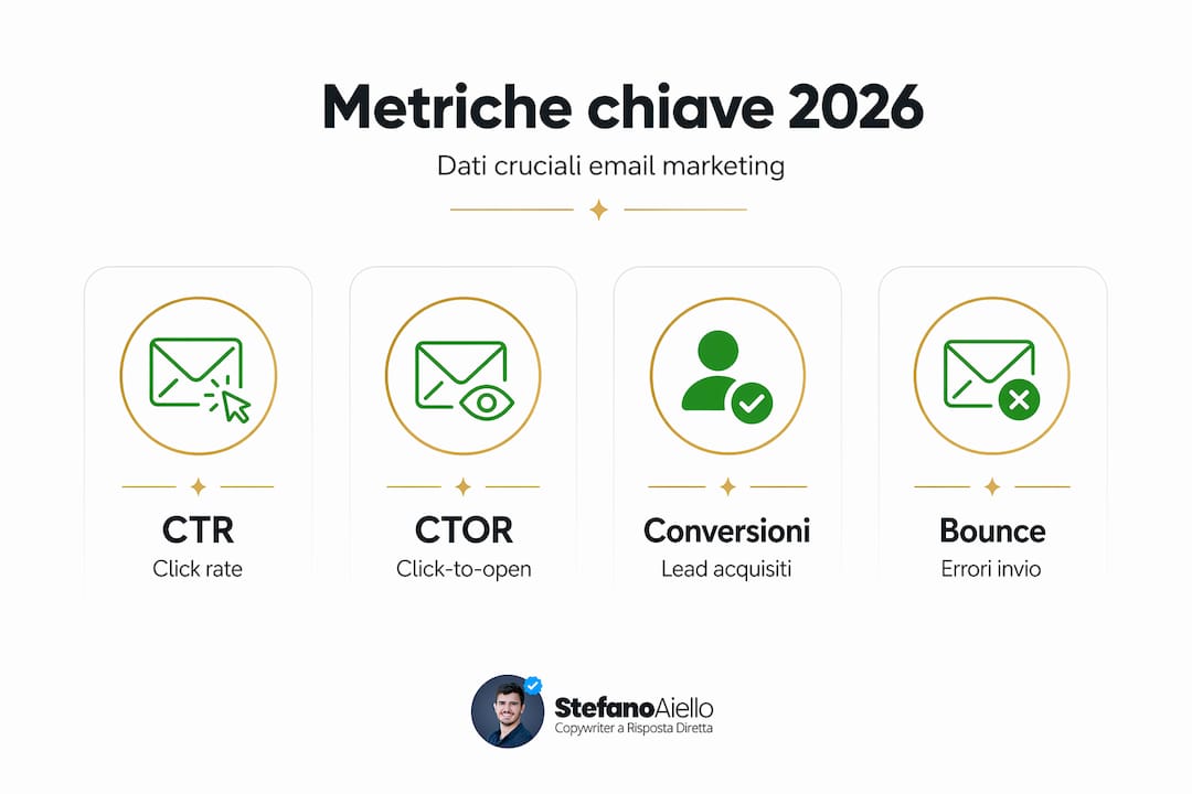 Guida email marketing efficace: strategie 2026 2 Le principali metriche dell’email marketing da tenere d’occhio nel 2026, illustrate in un’infografica