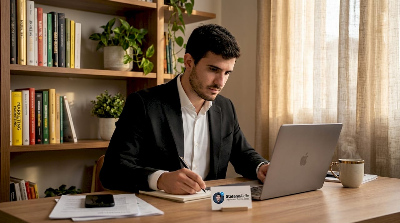 Creare campagne pubblicitarie di successo nel 2026 1 Professionista del marketing che lavora alla scrivania del suo ufficio domestico