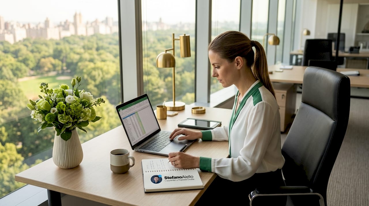 Intelligenza artificiale per aziende: guida 2026 1 Donna in carriera concentrata al lavoro alla sua scrivania in ufficio.