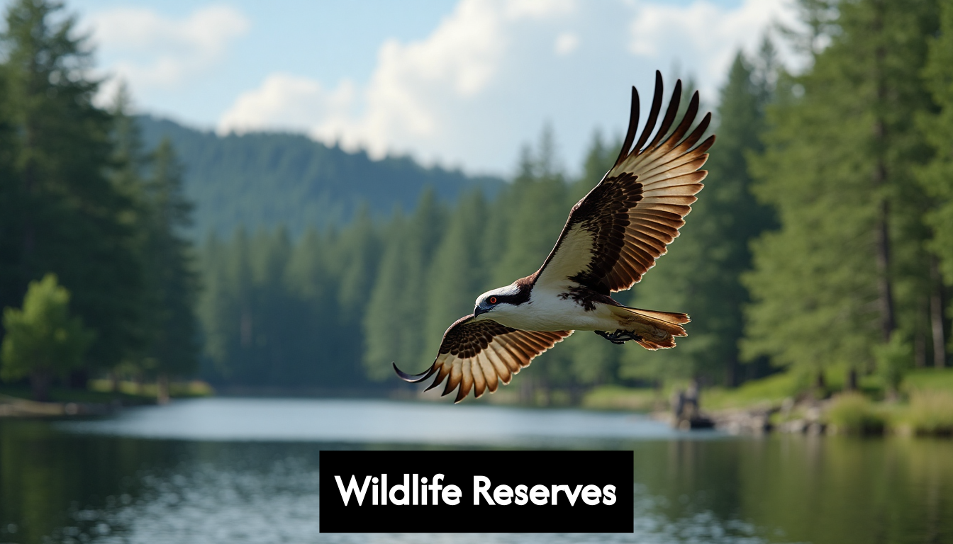 Osprey flying over forest and lake