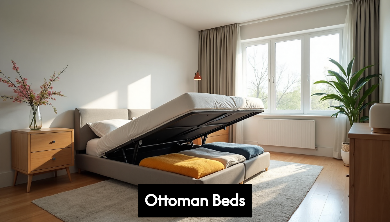Ottoman bed with raised platform showing storage space.