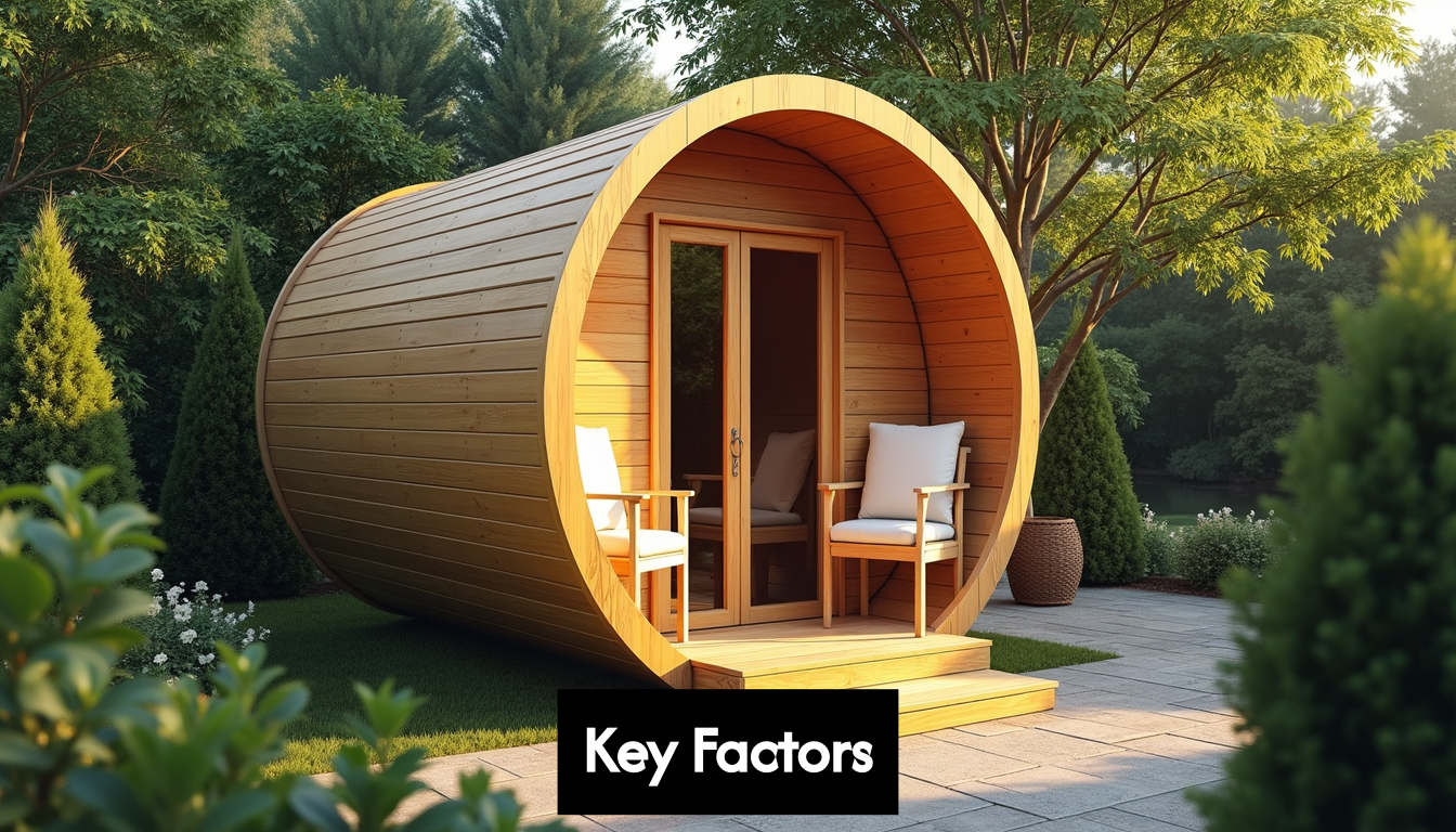 Outdoor barrel sauna in a backyard.