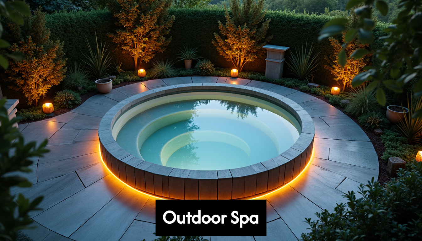 Outdoor spa with warm lighting and steam.