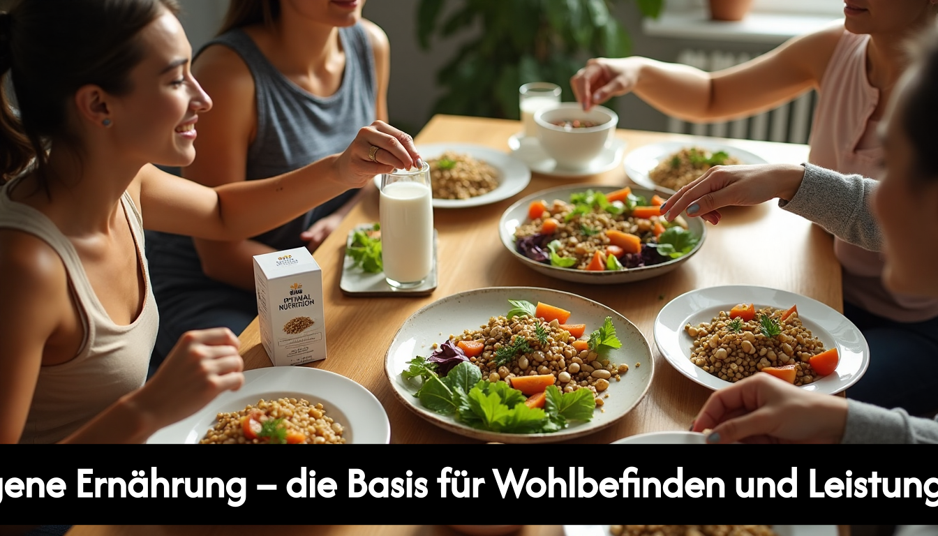 Overhead view of friends sharing plant-based meal and fortified foods