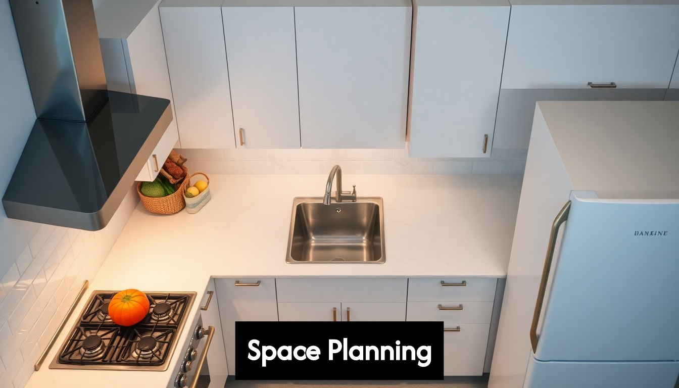 Overhead view of kitchen work triangle layout