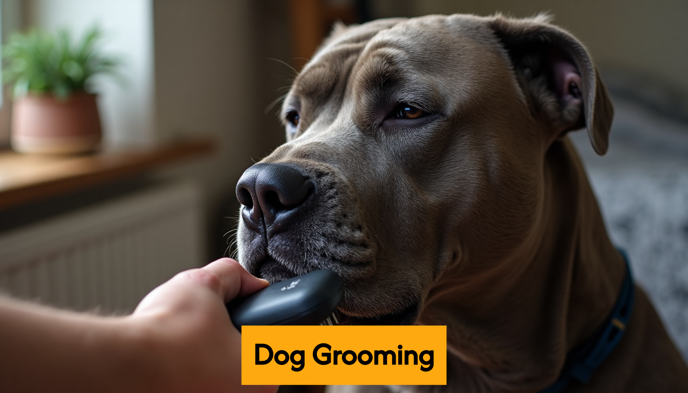 Owner brushing Cane Corso's face