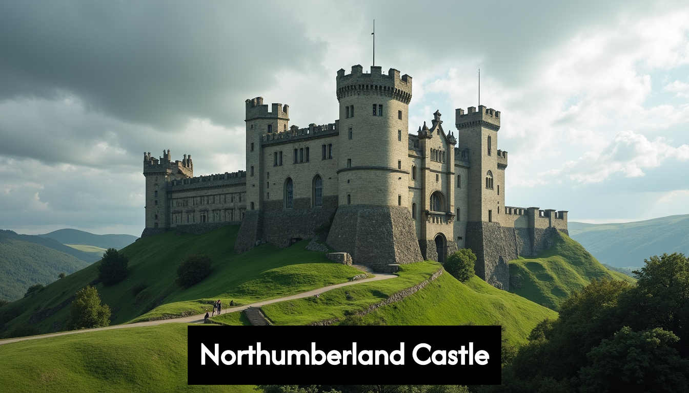 Panoramic view of a large, historic Northumberland castle