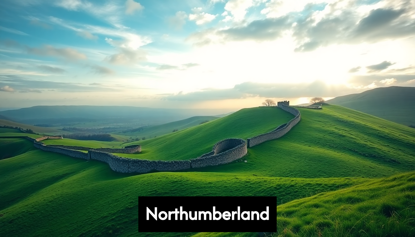 Panoramic view of Hadrian's Wall across hills.