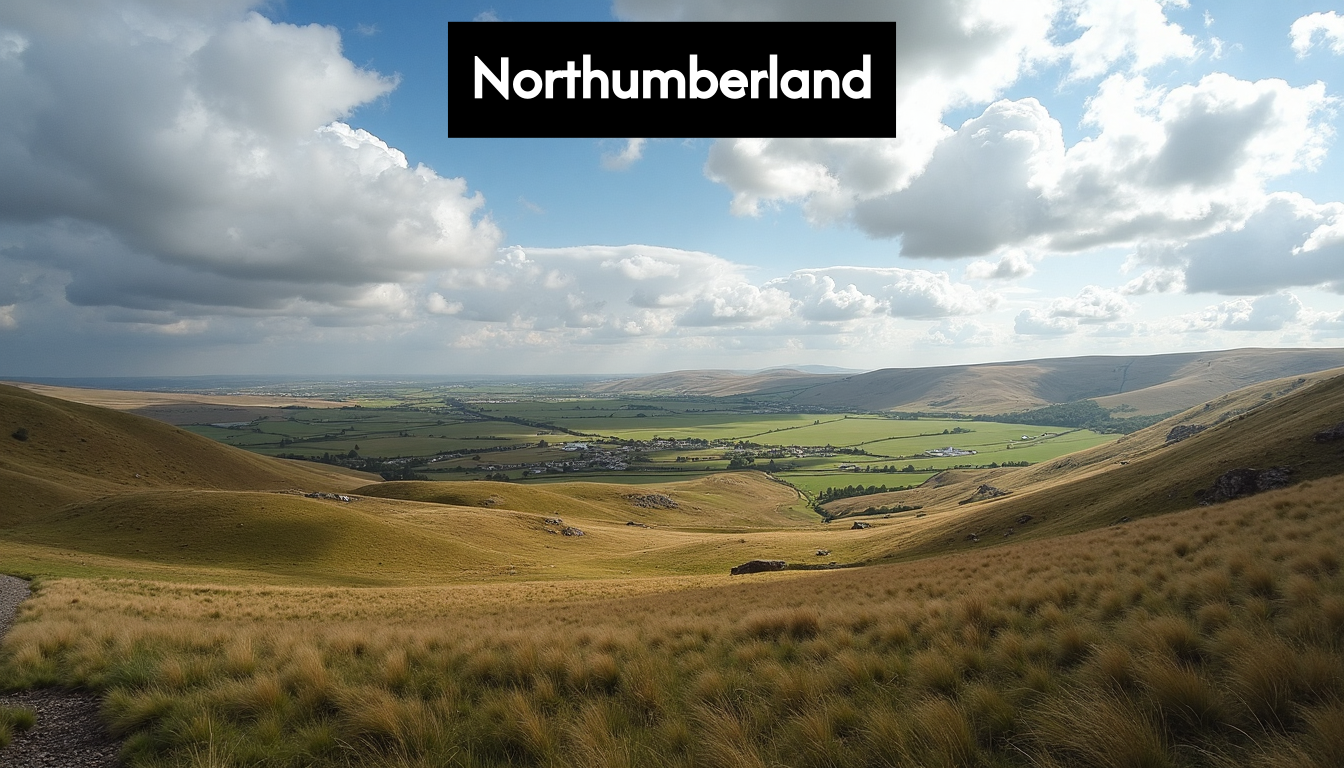 Panoramic view of rolling green hills in Northumberland National Park.