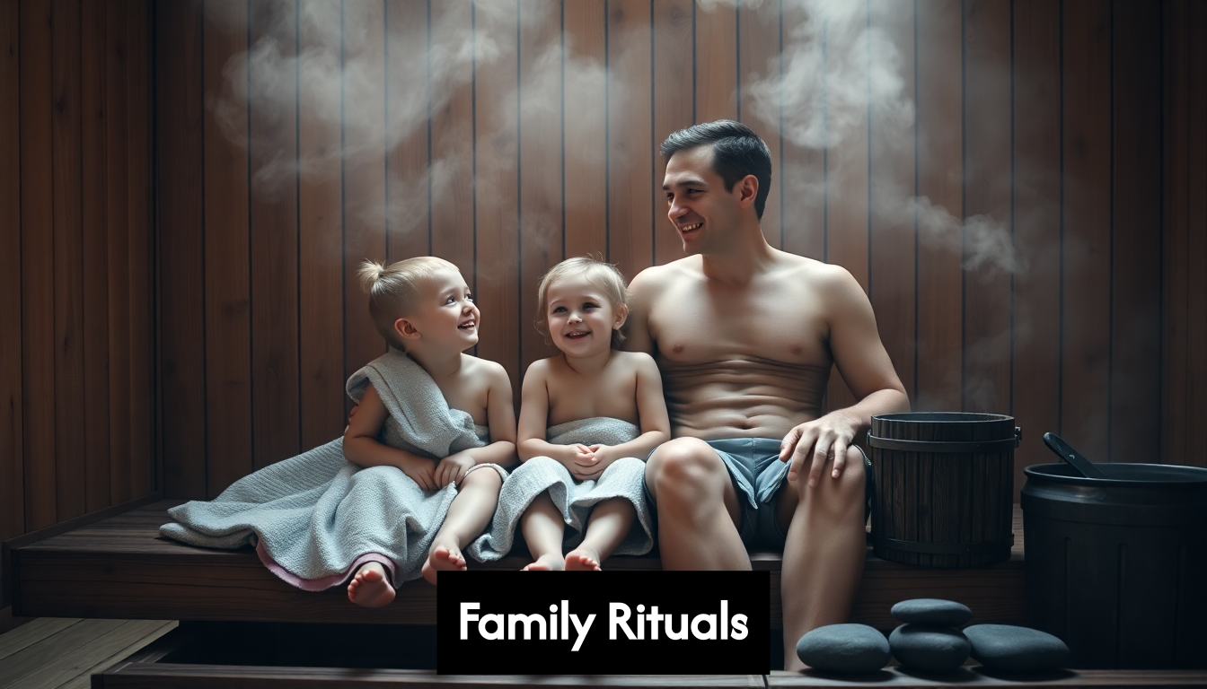 parent and children talking in sauna