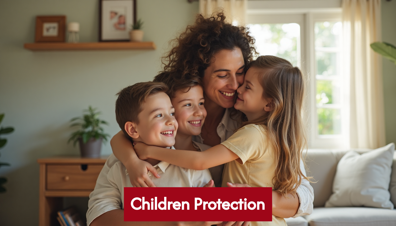Parent hugging children for protection