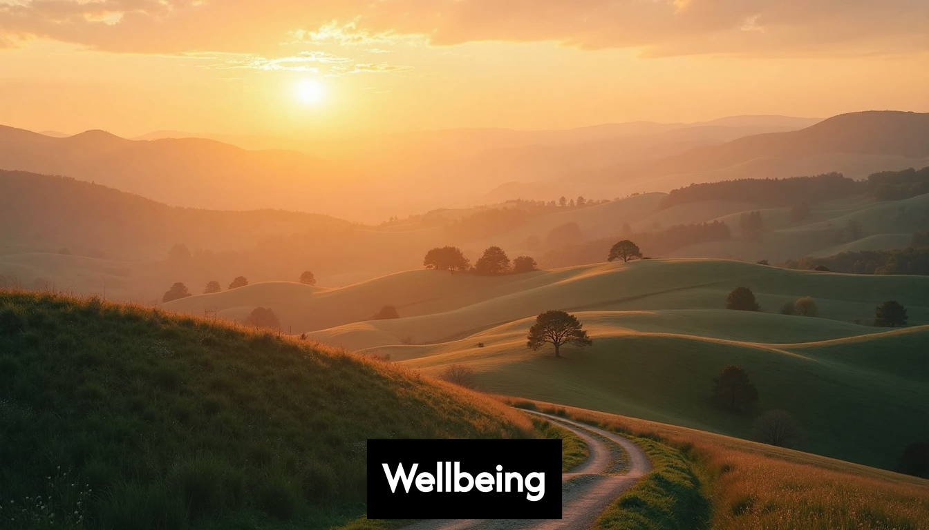 Peaceful rural landscape with hills and trees at sunrise.
