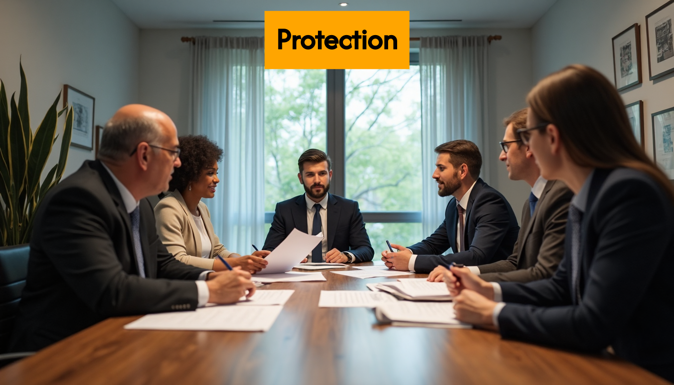 People discussing legal documents in meeting