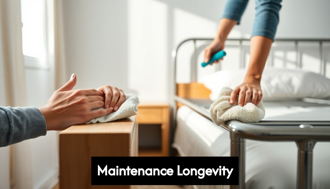 People maintaining wood and metal bed frames