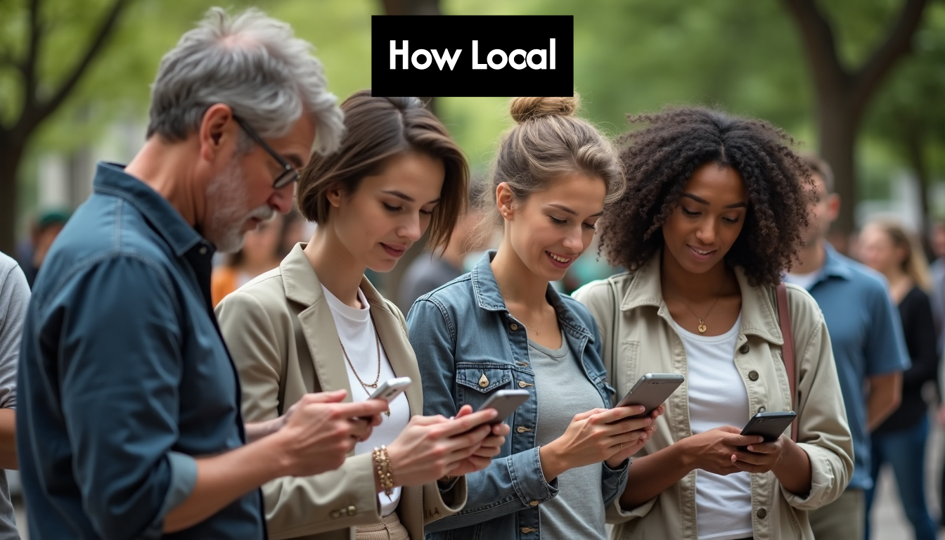 People of various ages using their smartphones outdoors