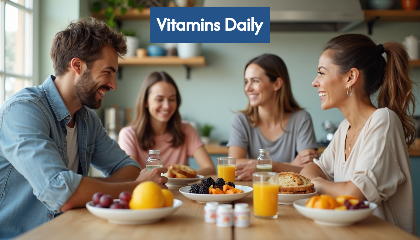 People taking vitamins at breakfast table