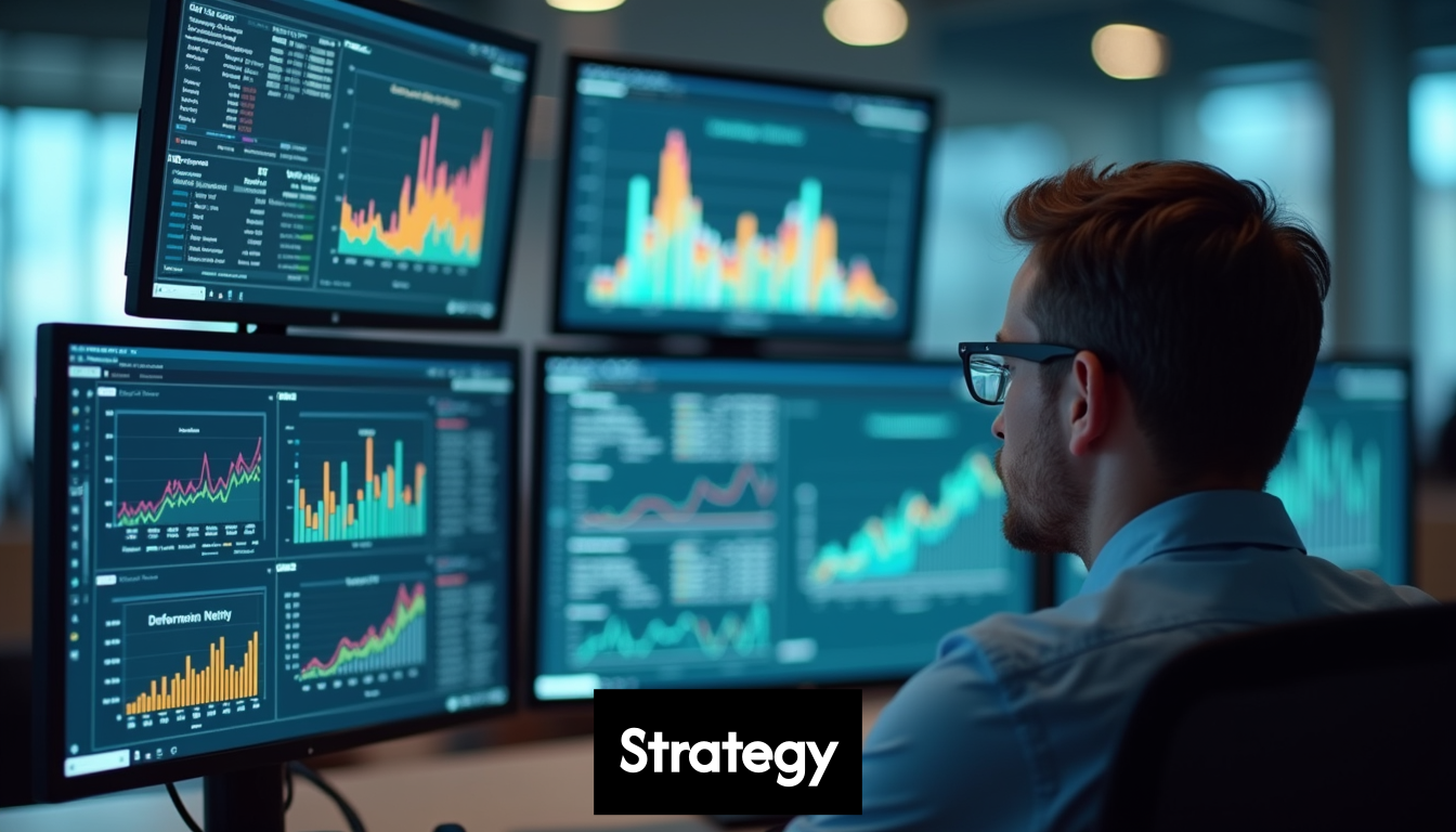 Person analyzes data on multiple screens for digital strategy