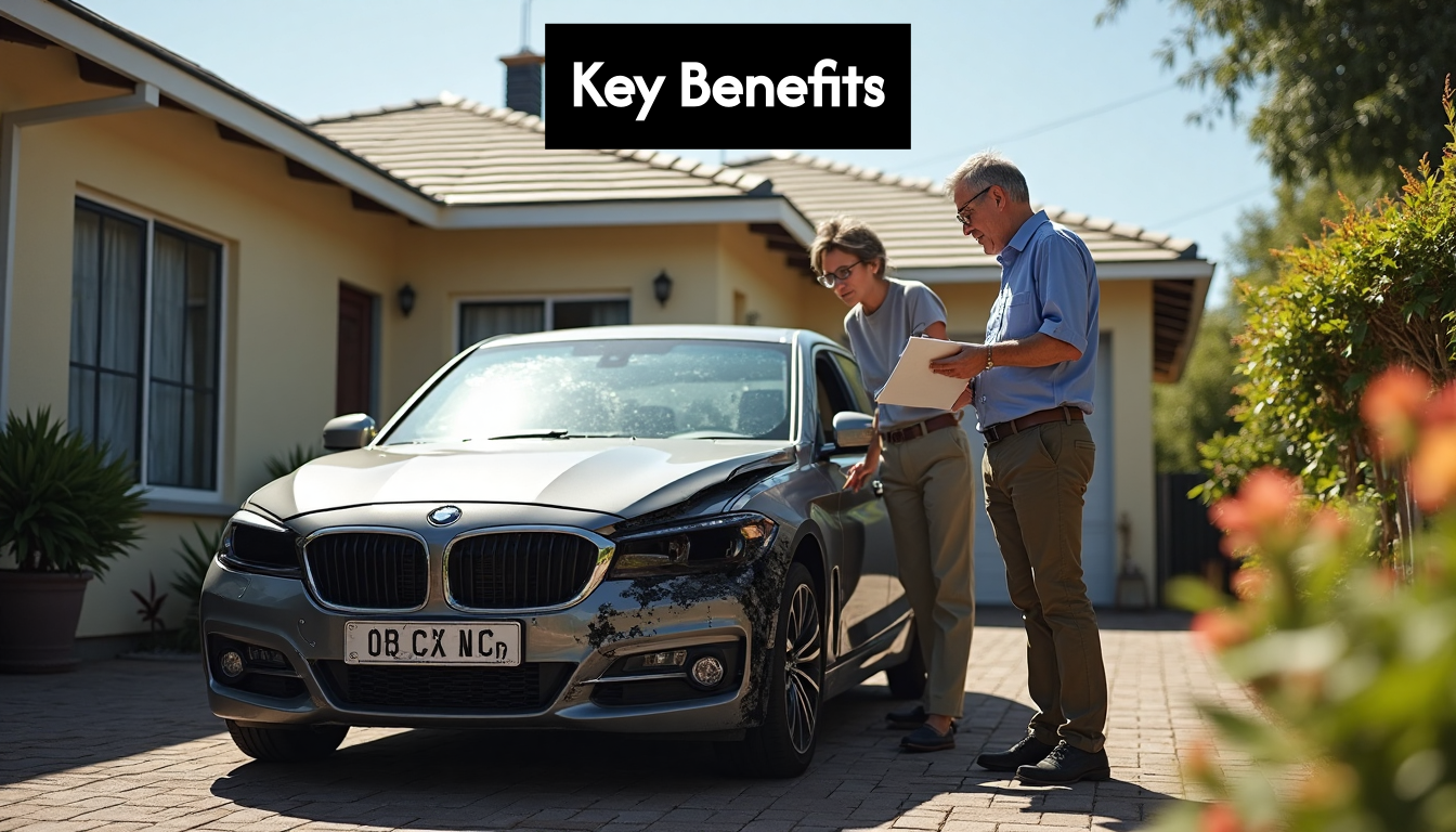 Person and assessor inspect fire-damaged car